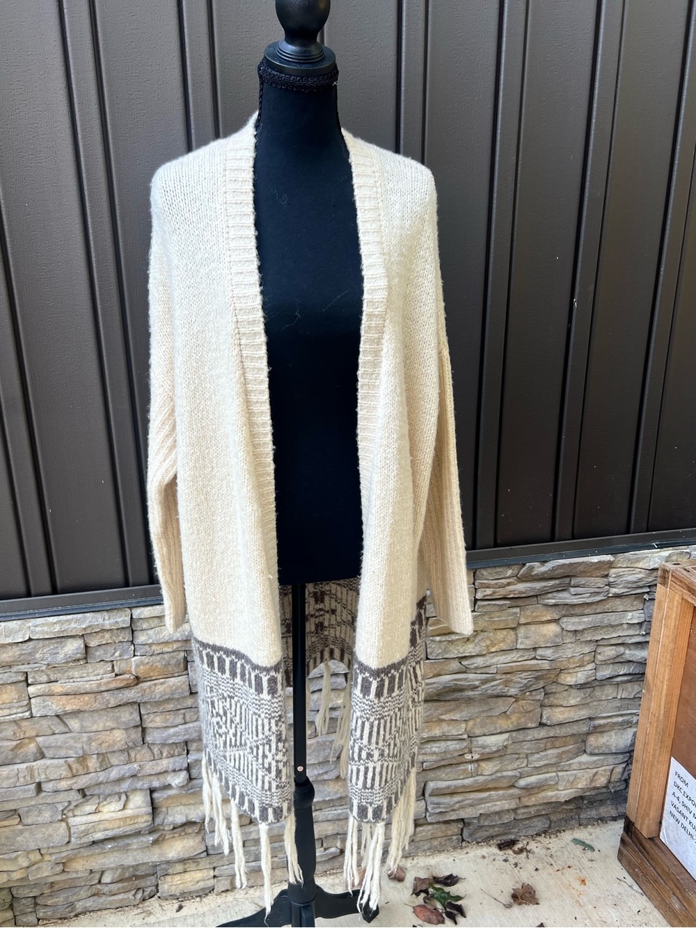 Anthropologie Moth Cream Open-Front Fringe Knit Cardigan with Patterned Hem sz S